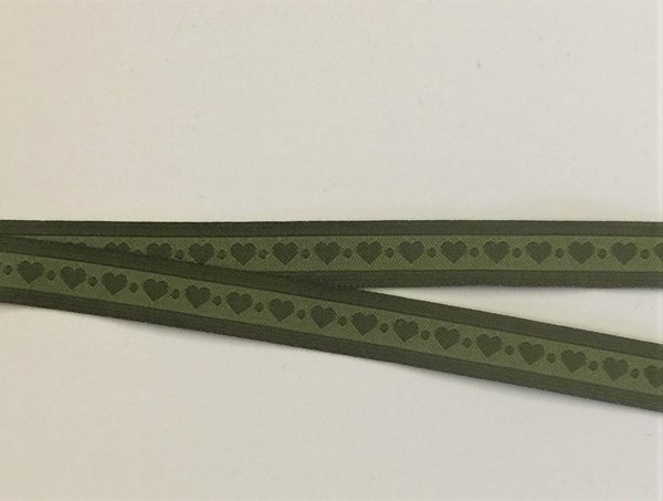 Webband, "Herzchen-Dots", olivgrün-grün, 10 mm breit