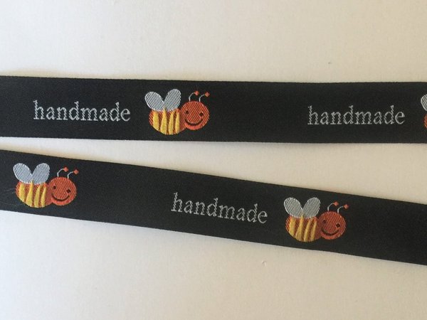 Webband, "Handmade Biene", 16 mm breit, schwarz