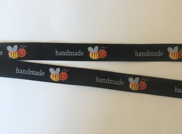 Webband, "Handmade Biene", 16 mm breit, schwarz
