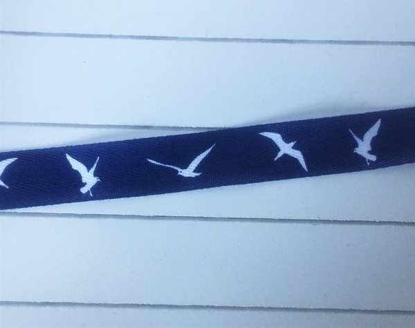 Webband, Köperband, bedruckt, Vögel dunkelblau, 20 mm breit