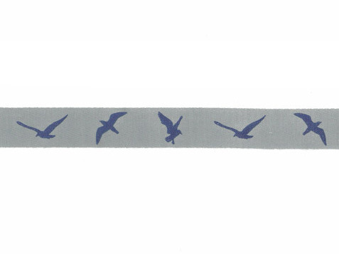 Webband, Köperband, bedruckt, Vögel grau, 20 mm breit