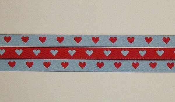 Webband, "Herzchen", hellblau-rot,  7 mm breit